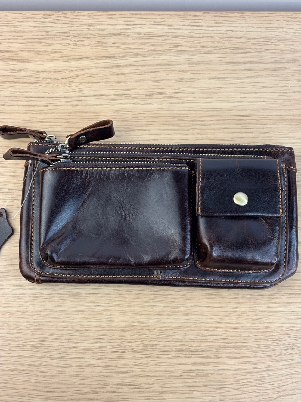 Men's Dark Brown Leather Multi-Pocket Travel Pouch NWOT
